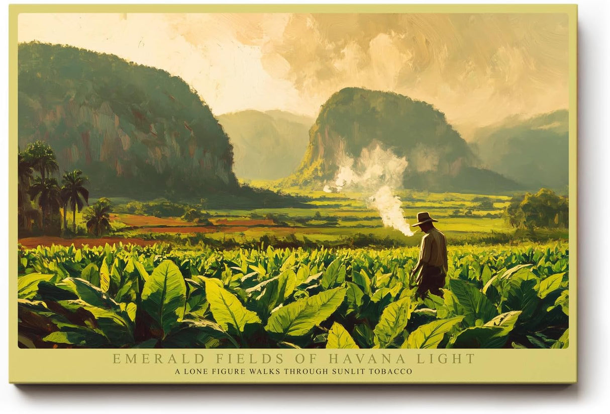 Paul Sinus Wandbild 120x80cm Tropische Landschaft mit Tabakfeld und Bergen Atmosphaerische Naturkunst in Gruen und Goldtoenen