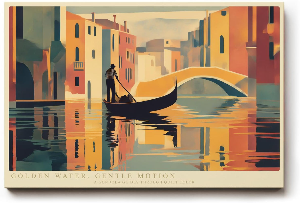 Paul Sinus Wandbild 120x80cm Venedig Gondel bei goldener Wasserreflexion moderne Stadtillustration stilvolle Wanddekoration
