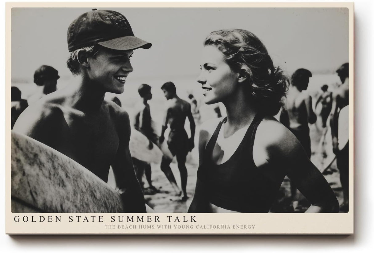 Paul Sinus Wandbild 120x80cm Vintage Strand Szene Surfer Sommer Fotografie Schwarz Weiss moderne Retro Wanddekoration