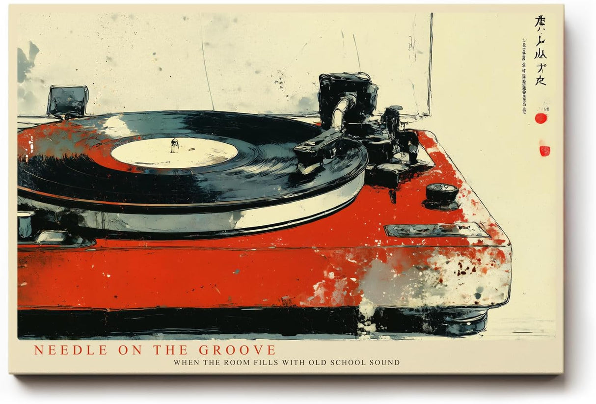 Paul Sinus Wandbild 120x80cm Vinyl Plattenspieler Retro Musik Kunst rot schwarz Vintage Stil moderne Wanddekoration fuer Wohnzimmer Musikzimmer Studio Büro