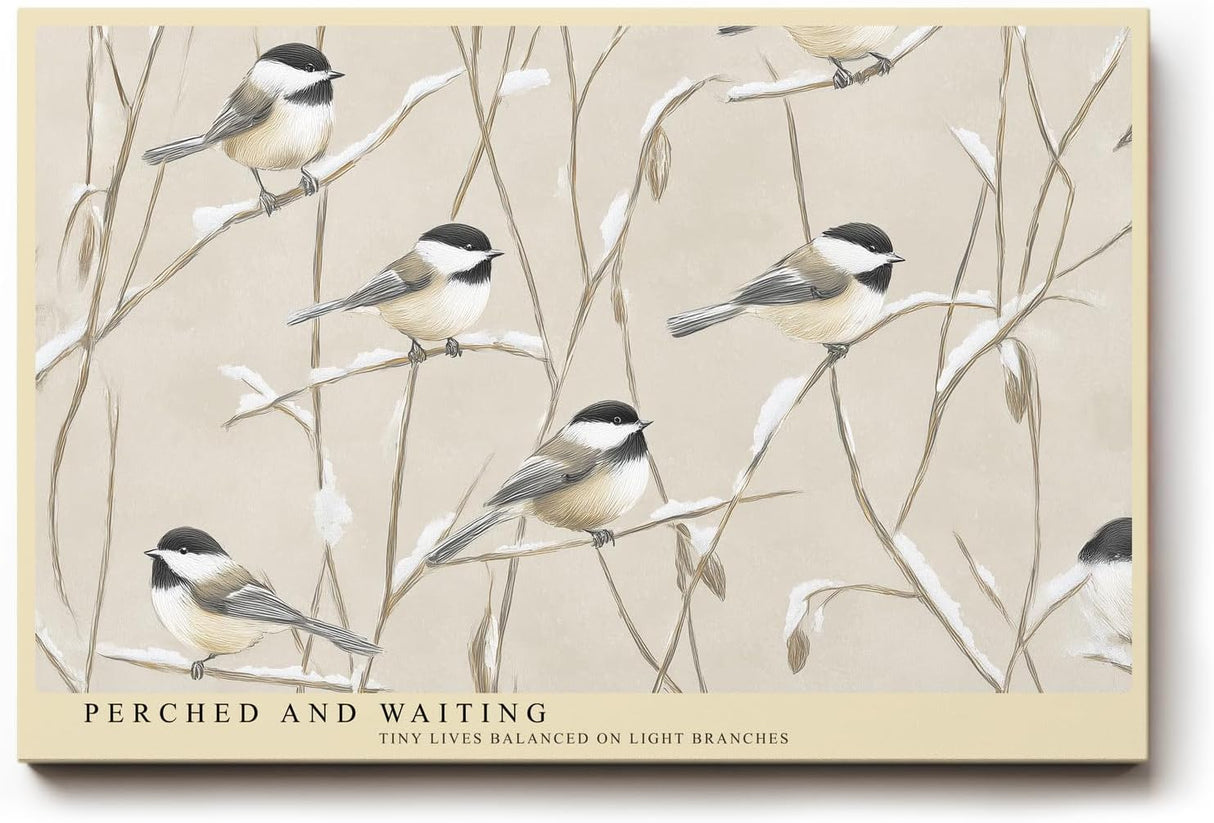 Paul Sinus Wandbild 120x80cm Voegel auf Zweigen Illustration naturfarben beige sanfte Naturkunst Kunstdruck grosses Wandbild 120x80cm stilvolle Wanddekoration fuer Wohnzimmer Flur Büro