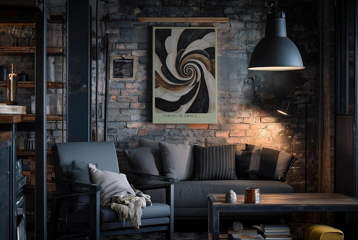 Paul Sinus Wandbild in 40x60cm Vortex of Grace – Abstraktes Wirbelmotiv in Schwarz, Weiß und Gold für moderne Raumgestaltung