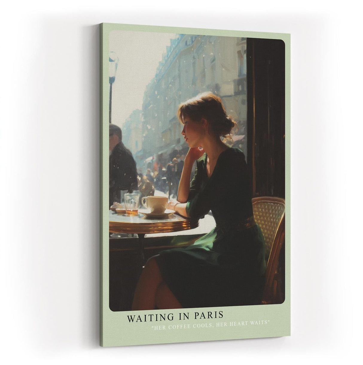 Paul Sinus Wandbild in 40x60cm Waiting in Paris – Ausdrucksstarke Szene einer Frau am Café-Tisch in Paris, nachdenklich ins Straßenleben blickend, moderne Bilder in warmen Farbtönen