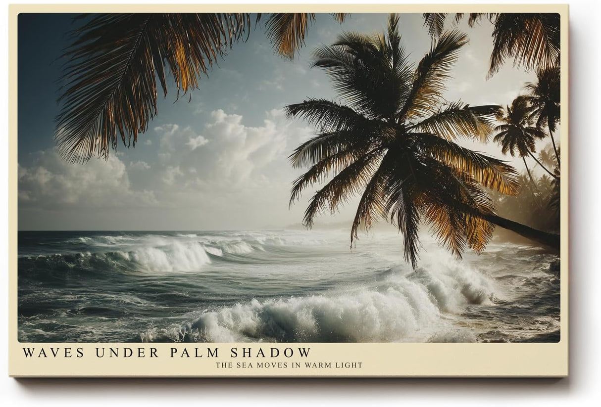 Paul Sinus Wandbild 120x80cm Waves Under Palm Shadow tropischer Strand mit Palmen und Wellen Natur Landschaft Poster für Wohnzimmer Schlafzimmer Büro