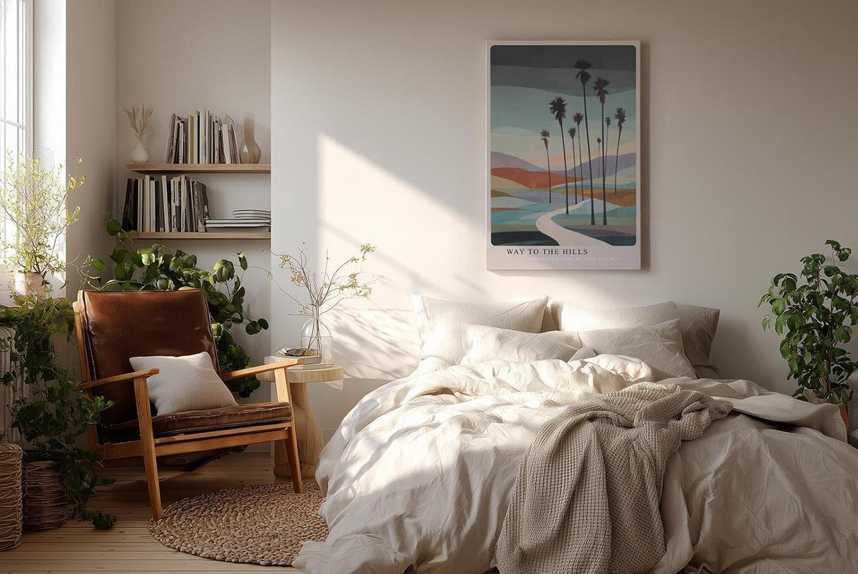 Paul Sinus Wandbild in 40x60cm Way to the Hills – stilisierte Palmenlandschaft mit geschwungenem Weg, moderne Kunst in sanften Pastelltönen