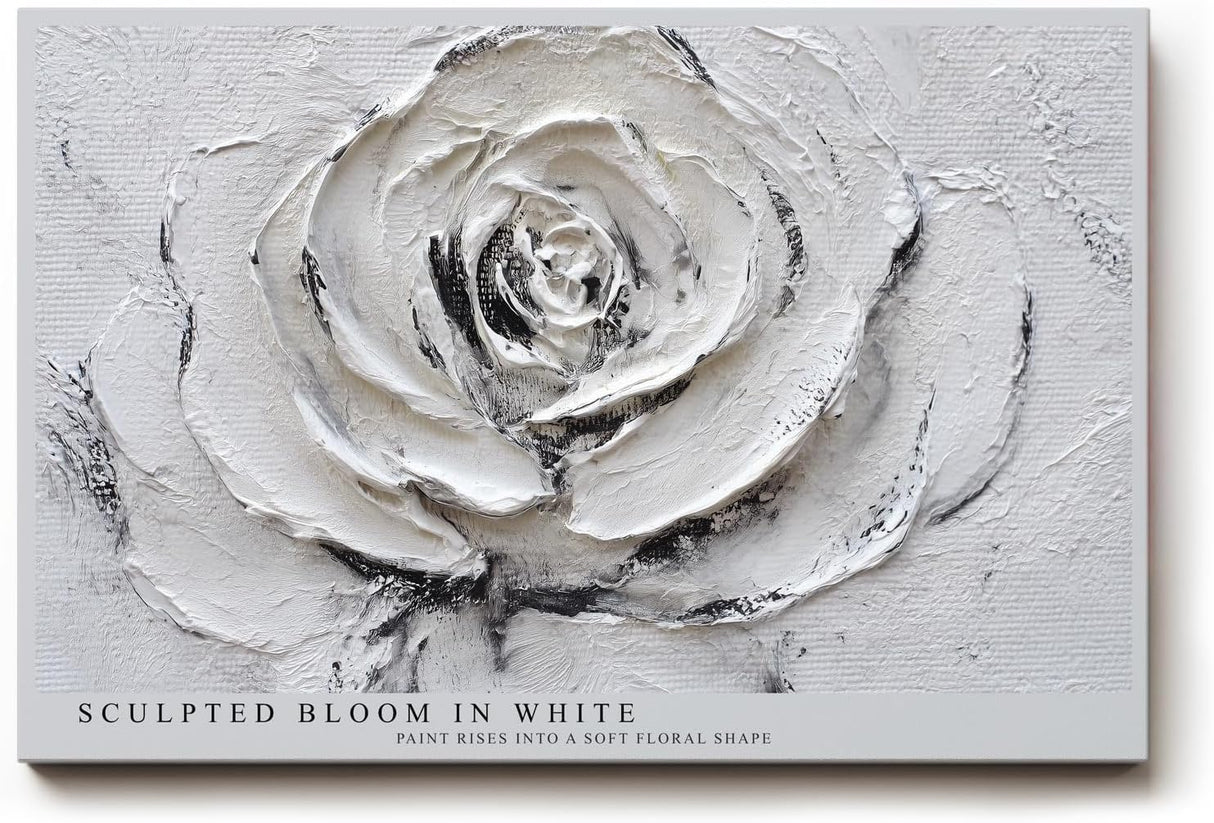 Paul Sinus Wandbild 120x80cm Weisse Rose Relief Blumen Kunst Moderne Strukturmalerei Elegantes Florales Kunstmotiv in Weiss und Grau