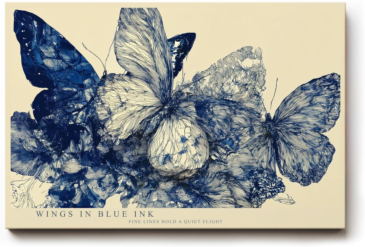 Paul Sinus Wandbild 120x80cm Wings in Blue Ink Abstrakte Schmetterlinge in Blau Tinten Illustration Natur Kunst fuer Wohnzimmer Schlafzimmer und Büro