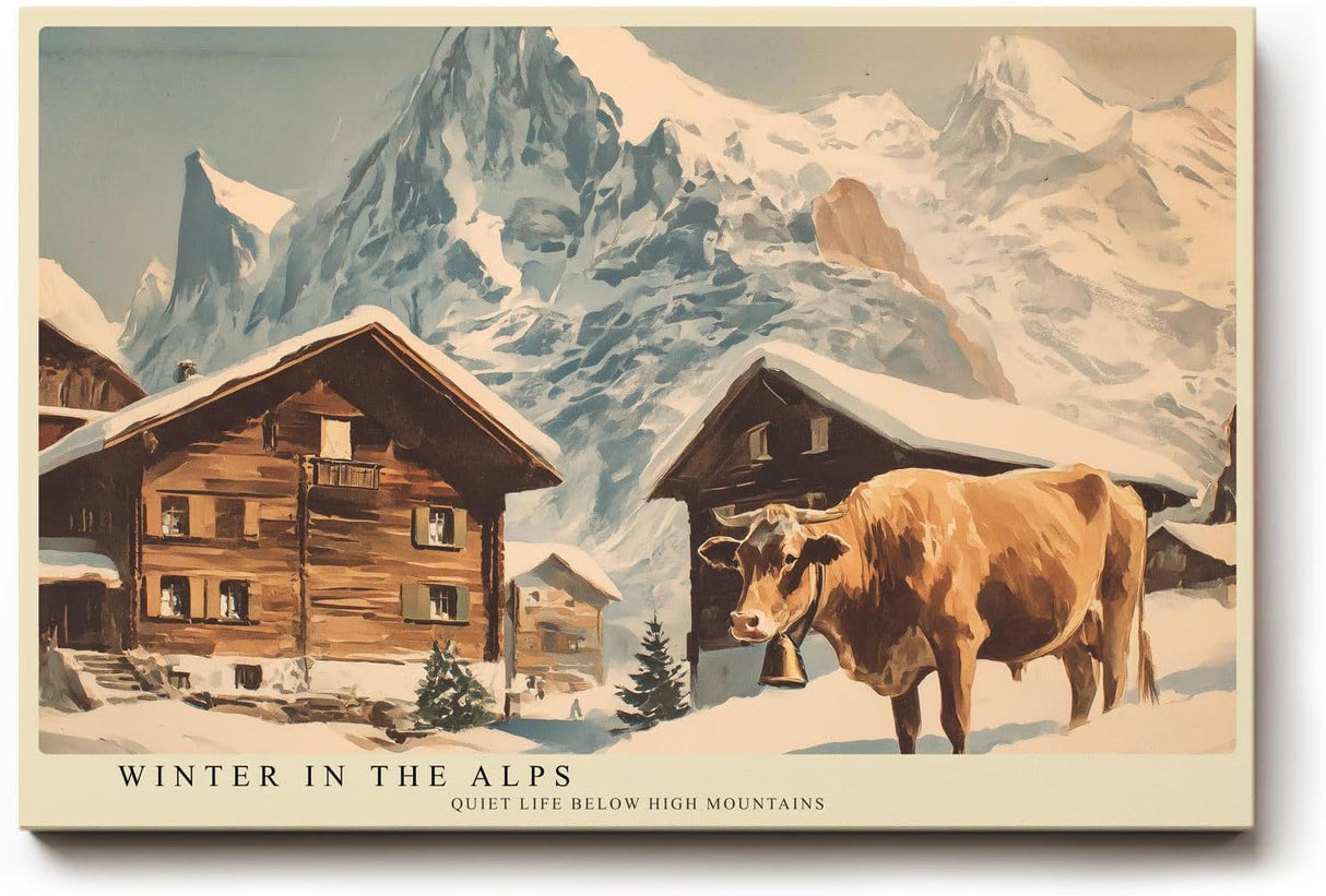 Paul Sinus Wandbild 120x80cm Winter Alpen Landschaft Chalet Kuh LeinWandbild 120x80cm Bergdorf Natur Wanddekoration