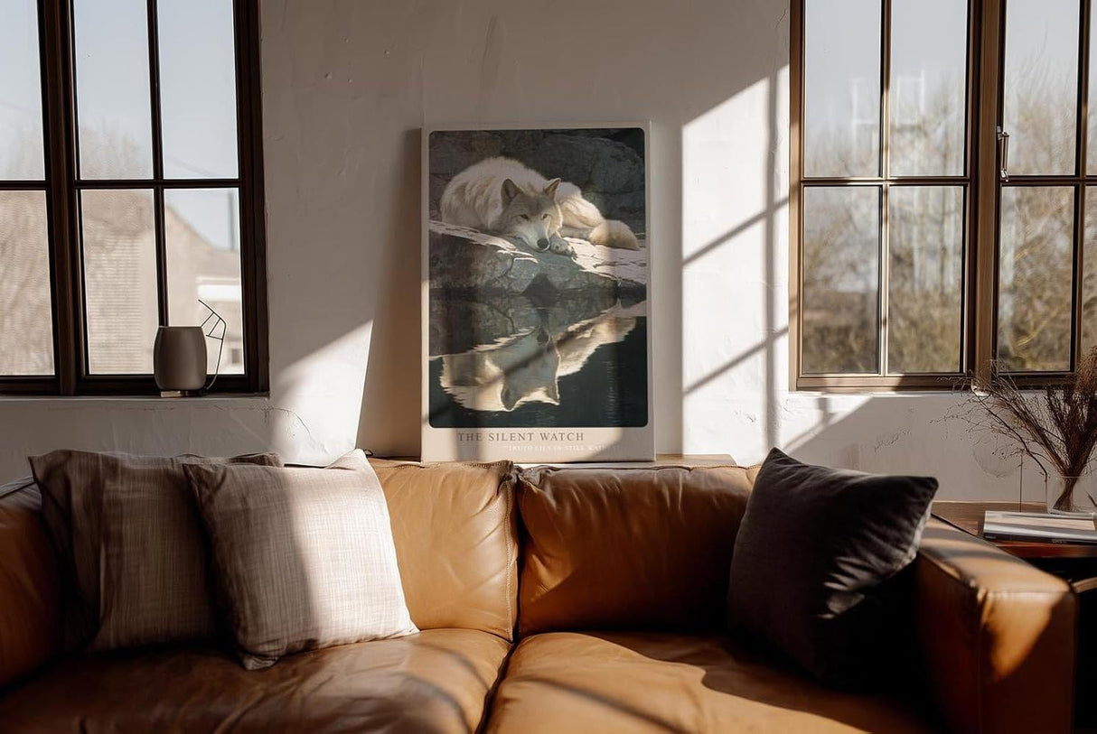 Paul Sinus Wandbild in 40x60cm Wolf am Wasser – realistisches Tiermotiv mit ruhiger Spiegelung in natürlicher Umgebung