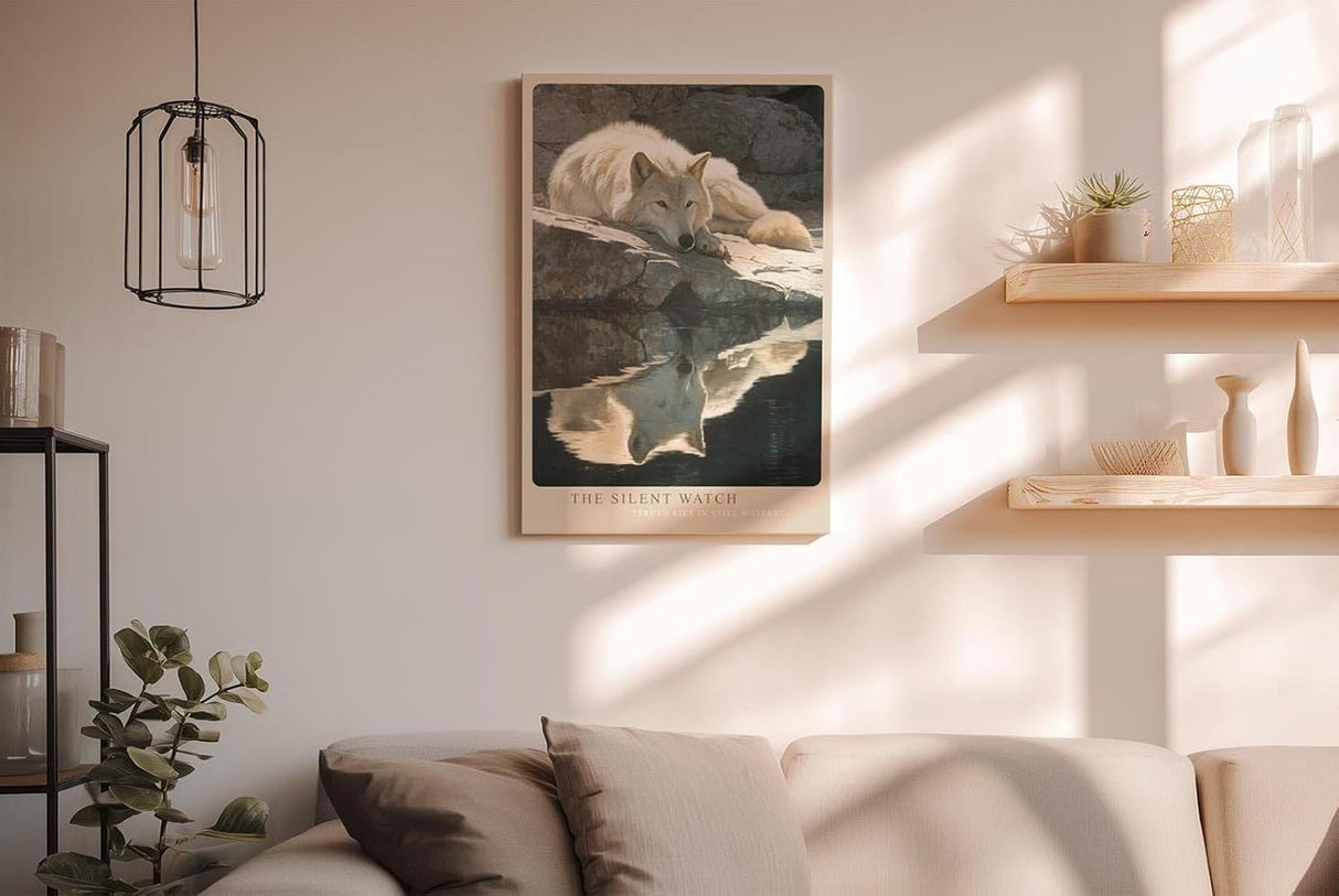 Paul Sinus Wandbild in 40x60cm Wolf am Wasser – realistisches Tiermotiv mit ruhiger Spiegelung in natürlicher Umgebung