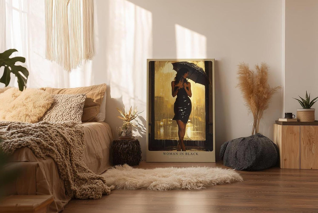 Paul Sinus Wandbild in 40x60cm Woman in Black – elegante Frau im schwarzen Kleid bei Regen, stimmungsvoll inszeniert für moderne Wohnräume