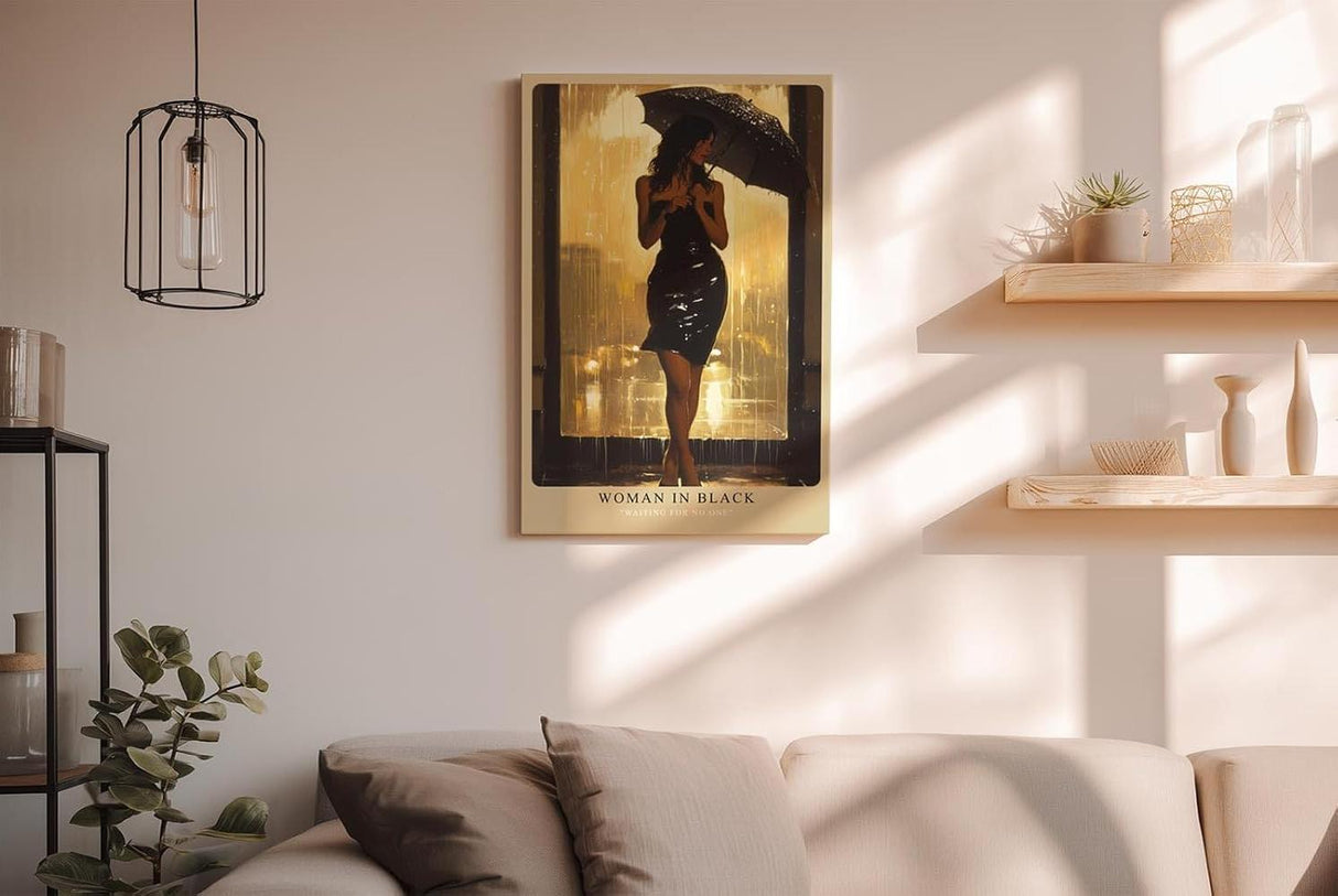 Paul Sinus Wandbild in 40x60cm Woman in Black – elegante Frau im schwarzen Kleid bei Regen, stimmungsvoll inszeniert für moderne Wohnräume