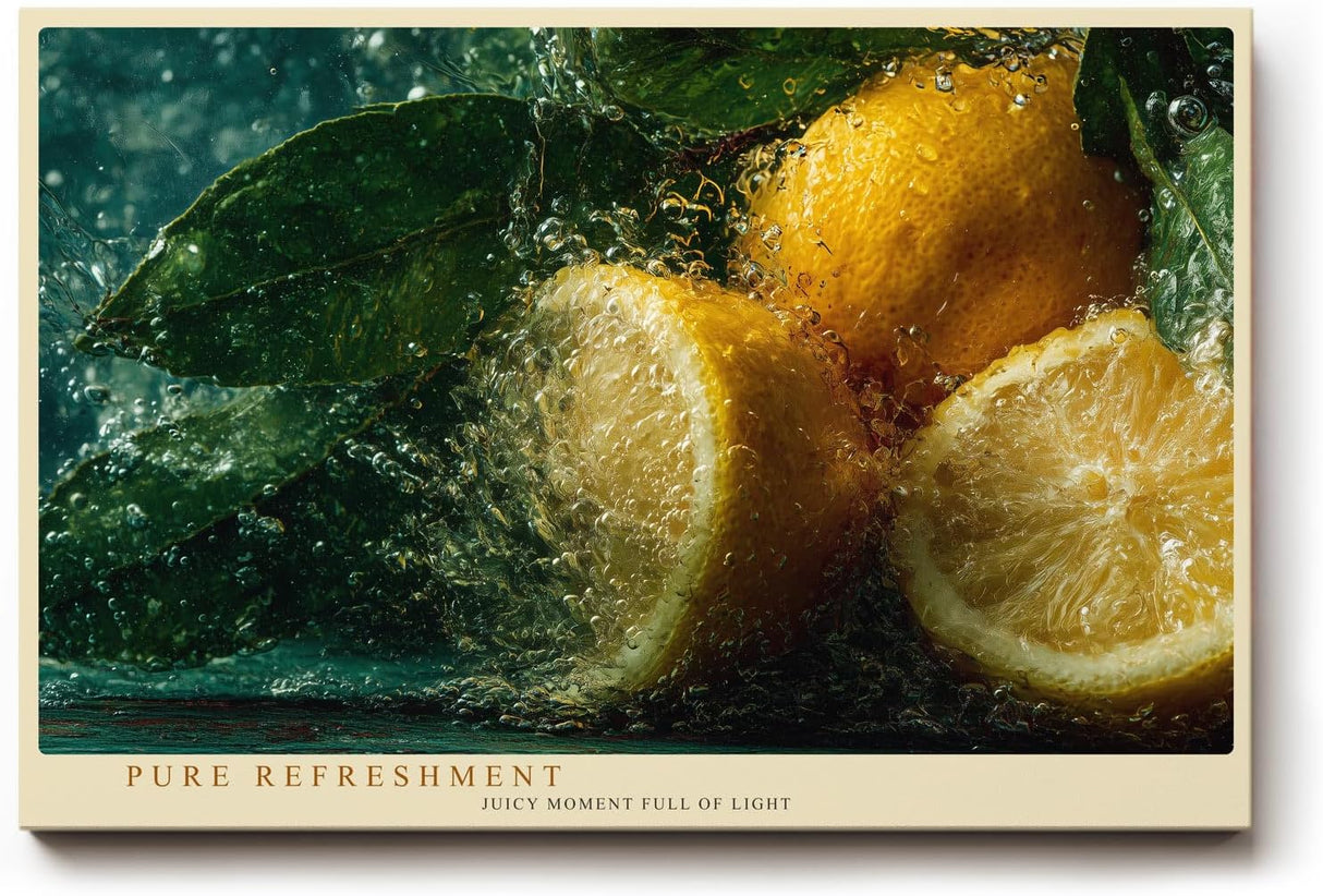 Paul Sinus Wandbild 120x80cm Zitronen mit Wasserspritzern frisches Frucht Stillleben gruene Blaetter lebendige Kuechenkunst moderne Leinwand Wanddekoration fuer Kueche Esszimmer Bar