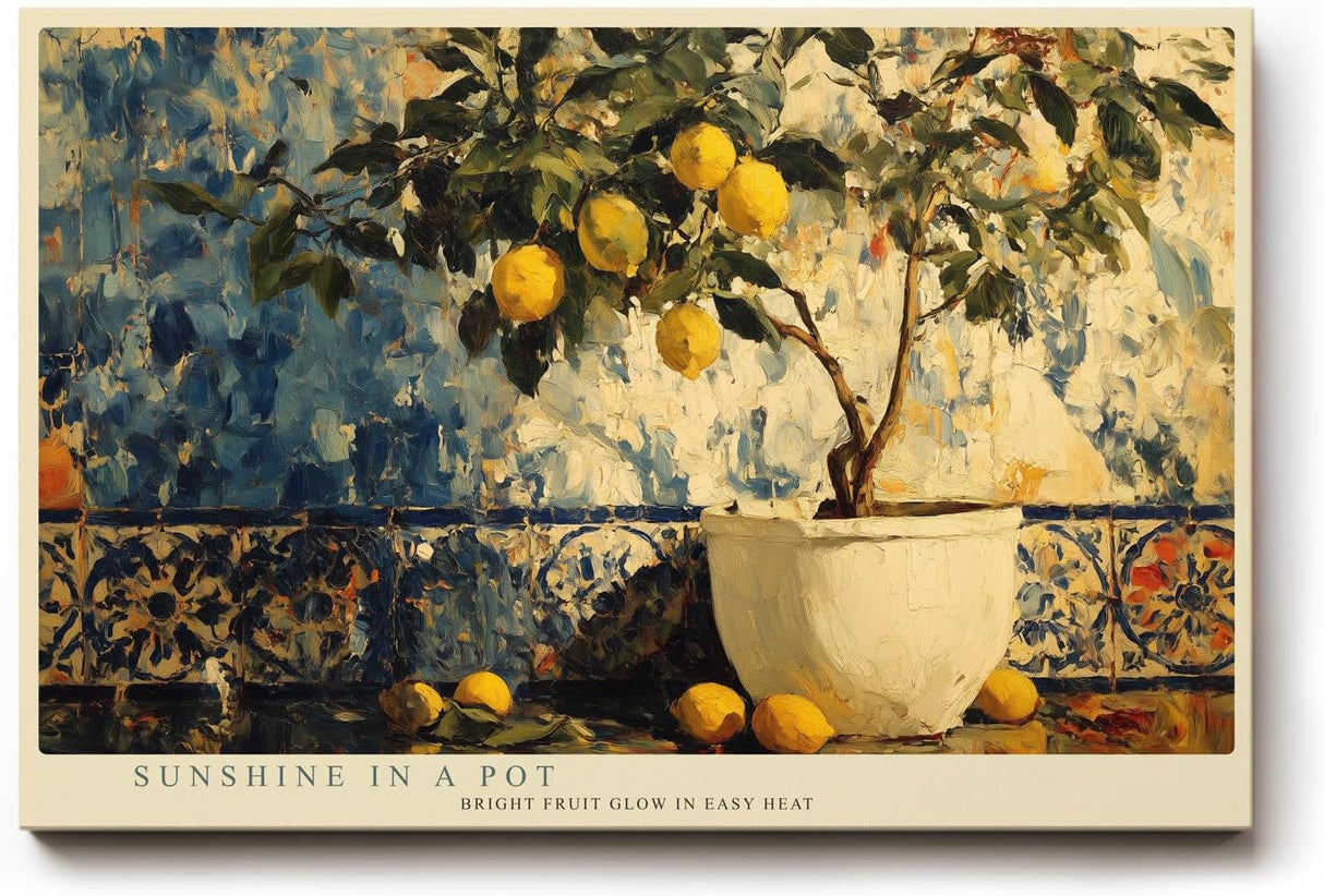 Paul Sinus Wandbild 120x80cm Zitronenbaum mediterrane Stillleben Malerei moderne Obst Kunst Kunstdruck grosses Wandbild 120x80cm sonnige Wanddekoration fuer Kueche Esszimmer Wohnzimmer