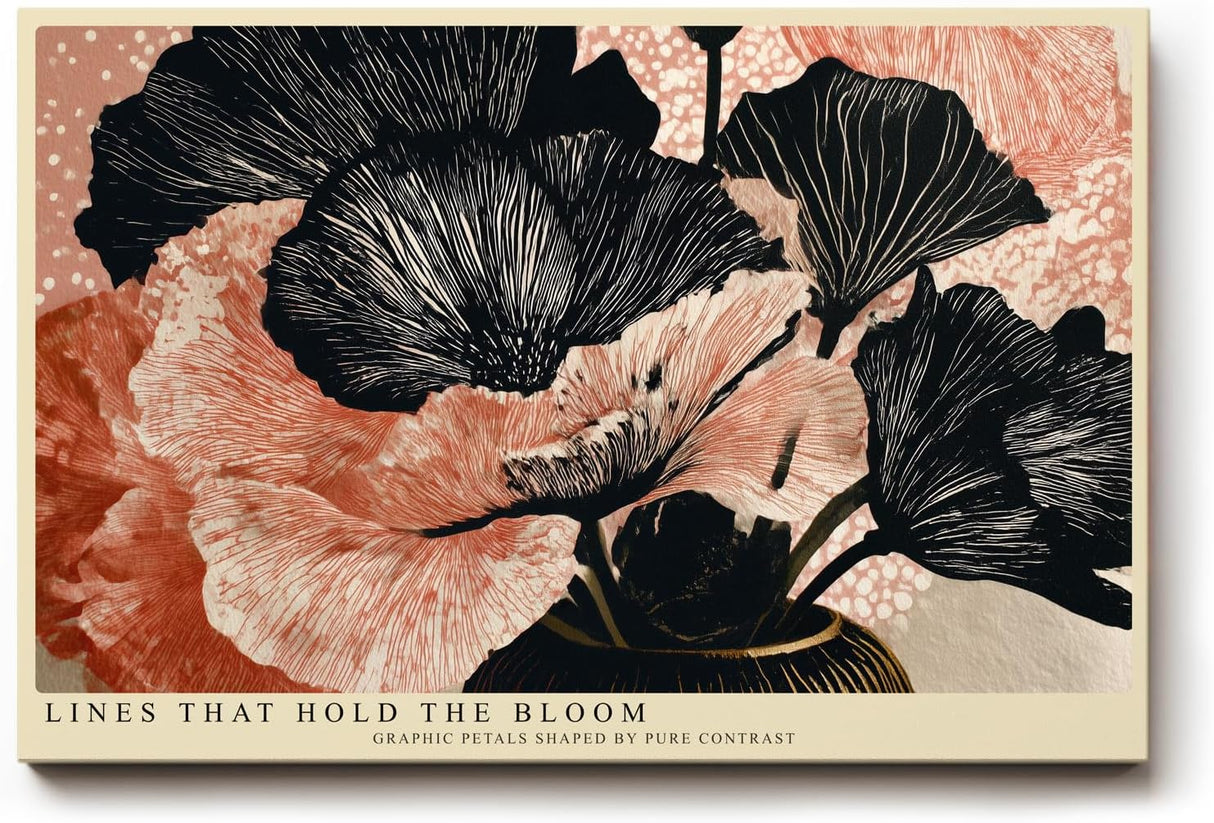 Paul Sinus Wandbild 120x80cm abstrakte Blumen Illustration schwarz apricot grafische Florale Kunst modernes Linien Design stilvolle Wanddekoration fuer Wohnzimmer Büro