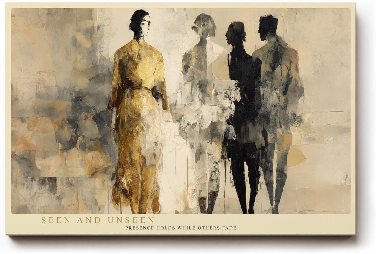 Paul Sinus Wandbild 120x80cm abstrakte Figuren moderne Kunst Menschen Silhouetten beige goldene Farbtoene stilvolle Leinwand Wanddekoration fuer Wohnzimmer Büro