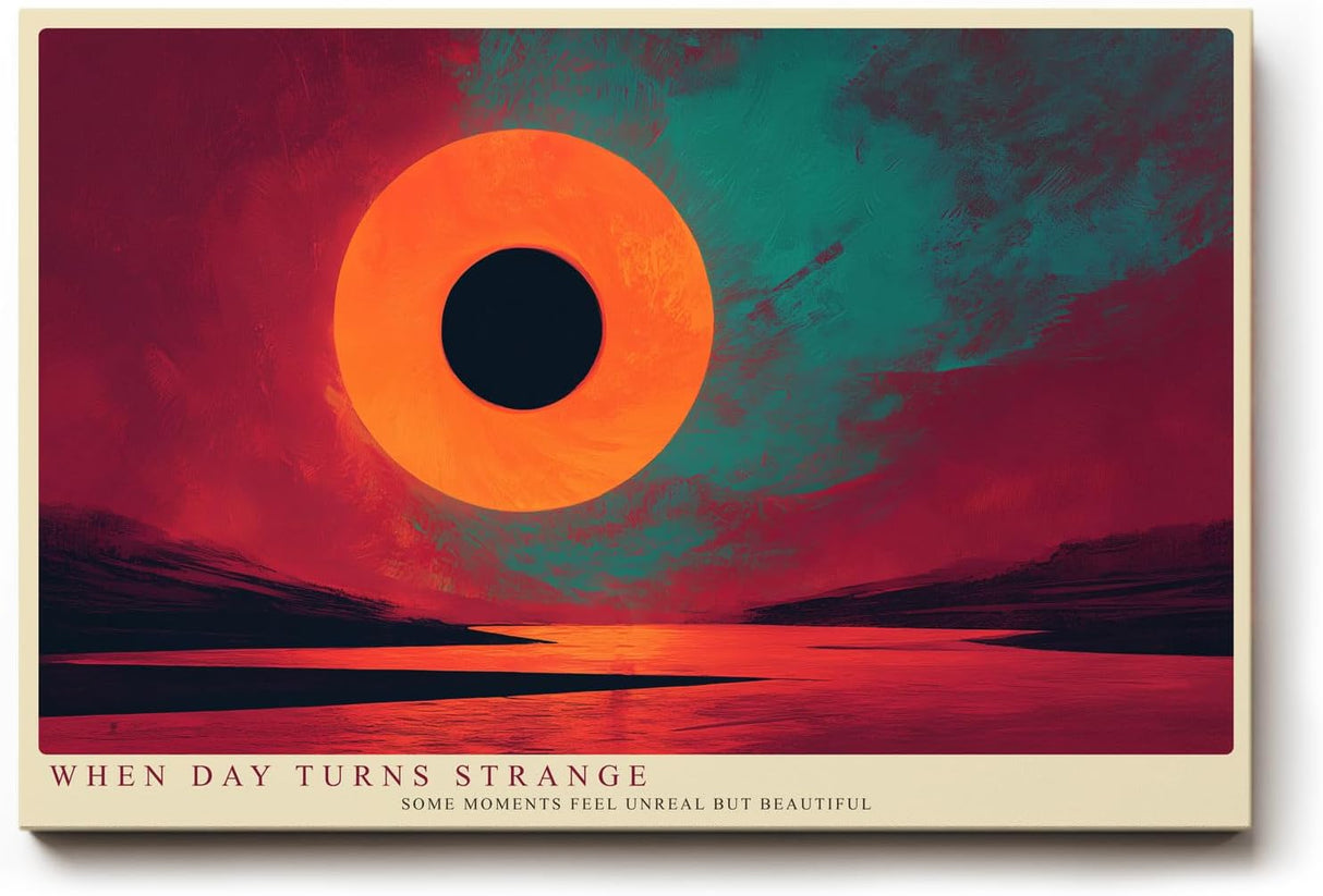 Paul Sinus Wandbild 120x80cm abstrakte Sonnenfinsternis surreale Landschaft moderne Kunst in Rot Orange und Tuerkis stilvolle Wanddekoration fuer Wohnzimmer Büro