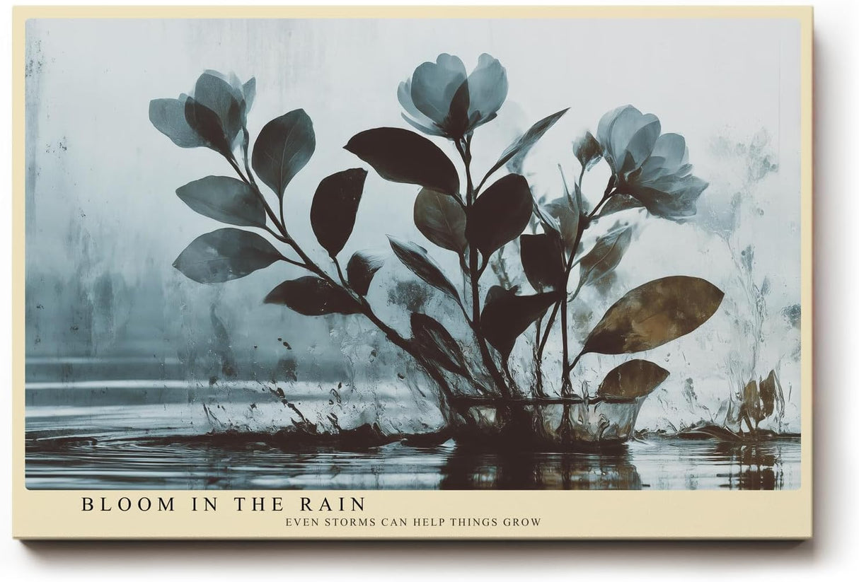 Paul Sinus Wandbild 120x80cm botanische Blumen im Regen moderne Naturmalerei blau grau Kunstdruck ruhige florale