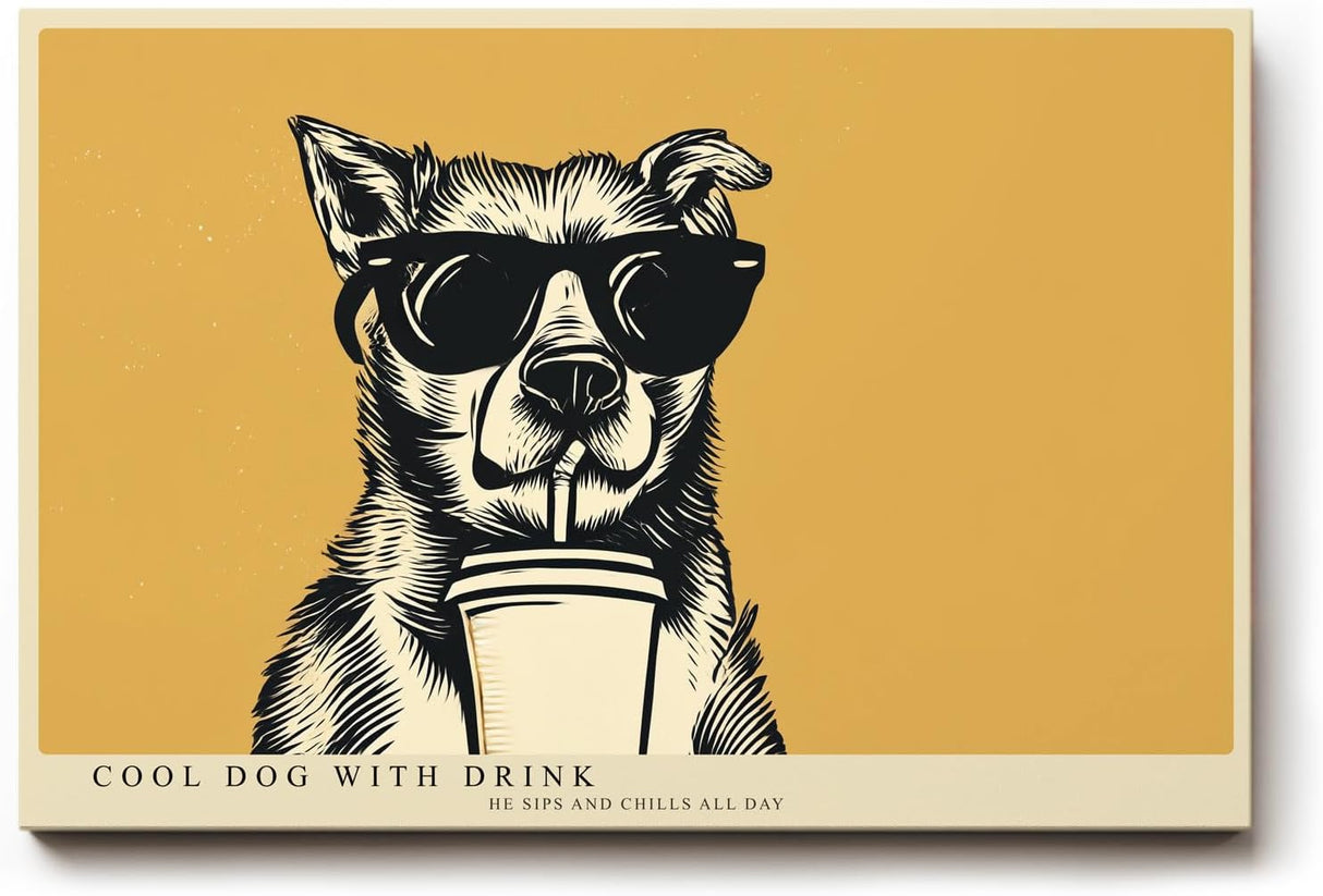 Paul Sinus Wandbild 120x80cm cooler Hund mit Sonnenbrille Illustration Pop Art Tiermotiv gelb schwarz modernes Humor Kunstbild stilvolle Wanddekoration für Wohnzimmer Küche Büro
