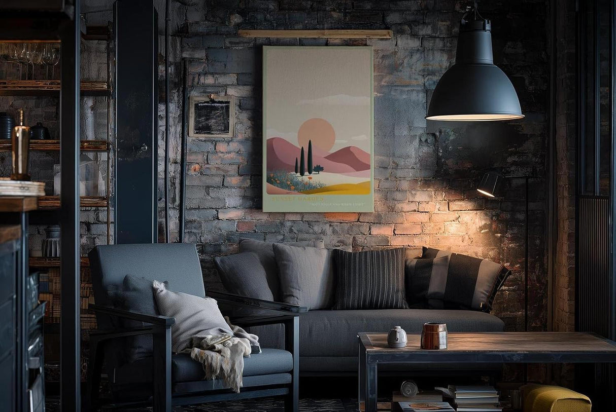 Paul Sinus Wandbild in 40x60cm farbenfrohe Hügellandschaft bei Sonnenuntergang – stilisierte Naturdarstellung in sanften Pastelltönen