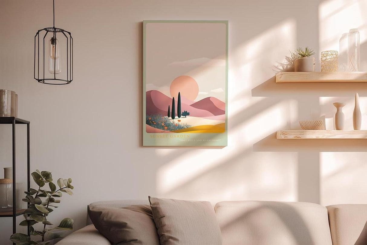 Paul Sinus Wandbild in 40x60cm farbenfrohe Hügellandschaft bei Sonnenuntergang – stilisierte Naturdarstellung in sanften Pastelltönen