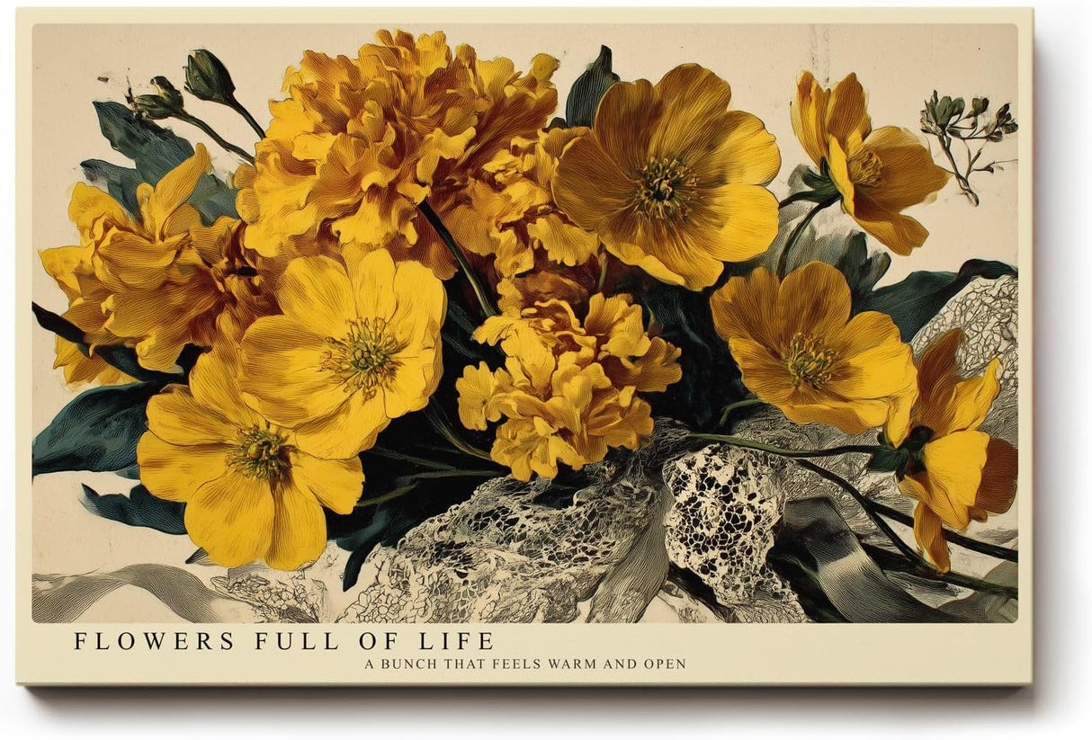 Paul Sinus Wandbild 120x80cm gelbe Blumen Stillleben Vintage Stil warmes Blumenmotiv Kunstdruck Poster grosse florale Wanddekoration fuer Wohnzimmer Büro