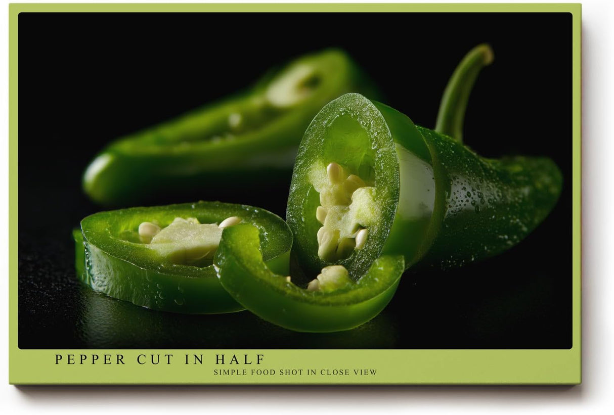 Paul Sinus Wandbild 120x80cm gruene Chili Paprika Food Fotografie moderne Kuechenkunst Nahaufnahme Kunstdruck stilvolle Wanddekoration fuer Kueche Esszimmer Restaurant
