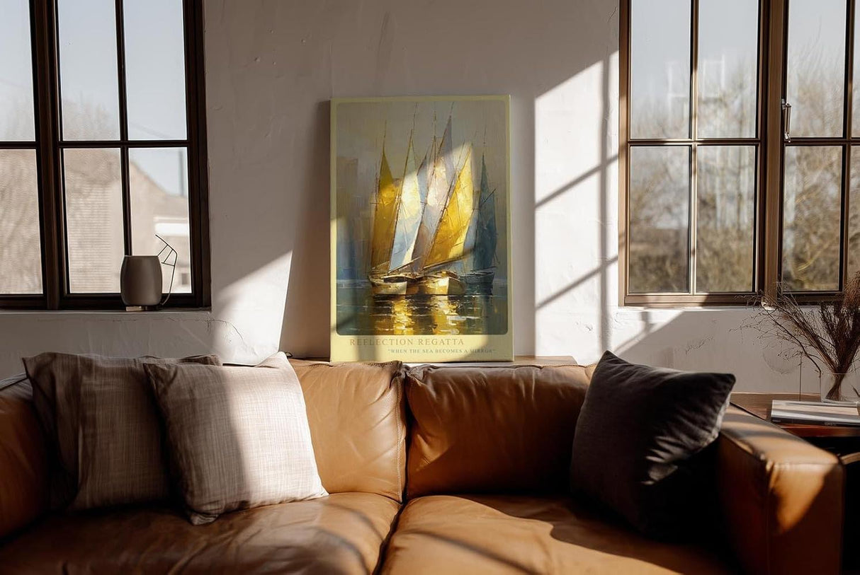 Paul Sinus Wandbild in 80x120cm Reflection Regatta – Goldene und weiße Segelboote in harmonischer Komposition auf spiegelndem Wasser