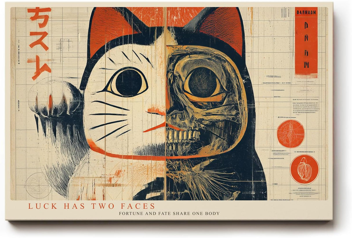 Paul Sinus Wandbild 120x80cm japanische Glueckskatze modern halb Katze halb Skelett abstrakte Illustration rot beige asiatische Kunst Leinwand Wanddekoration fuer Wohnzimmer Büro