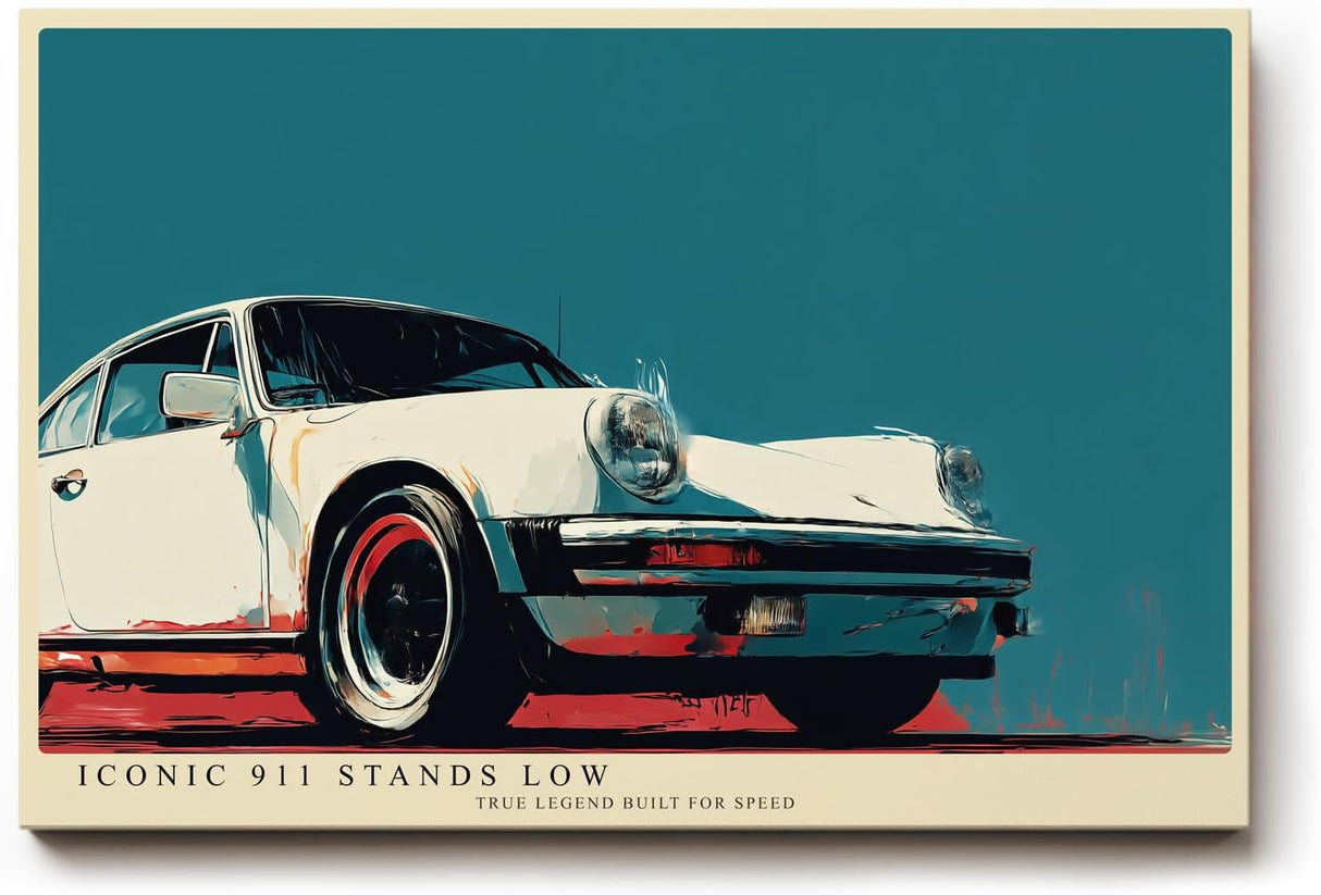 Paul Sinus Wandbild 120x80cm klassischer Sportwagen 911 Retro Illustration stilvolle Auto Kunst in creme rot blau modernes Poster Bild fuer Wohnzimmer Büro Garage Wanddekoration