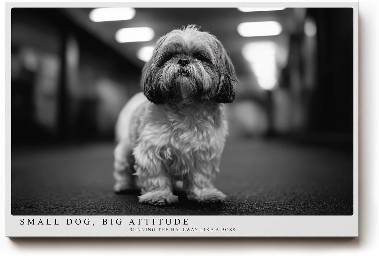 Paul Sinus Wandbild 120x80cm kleiner Hund Schwarz Weiss Fotografie niedliches Tierportrait modernes Hunde Kunstbild für Wohnzimmer Flur Büro