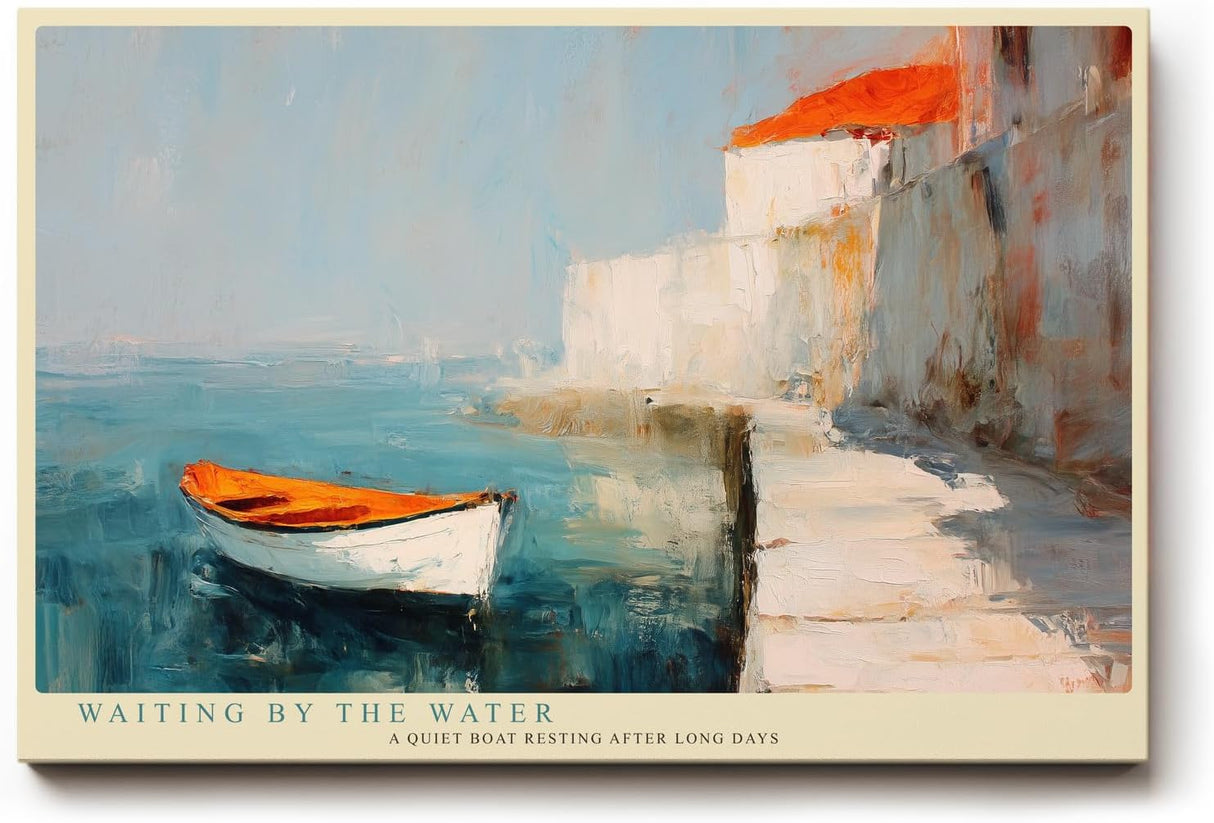 Paul Sinus Wandbild 120x80cm mediterrane Kueste Boot am Wasser impressionistische Landschaft Kunstbild blau orange moderne Wanddekoration fuer Wohnzimmer Büro