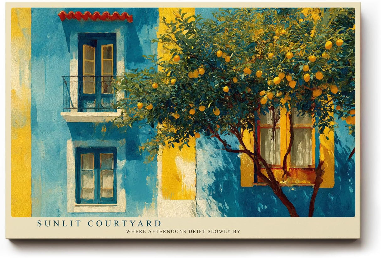 Paul Sinus Wandbild 120x80cm mediterranes Haus Zitronenbaum sonniger Innenhof moderne Landschaft Kunstbild Wanddekoration fuer Wohnzimmer Büro
