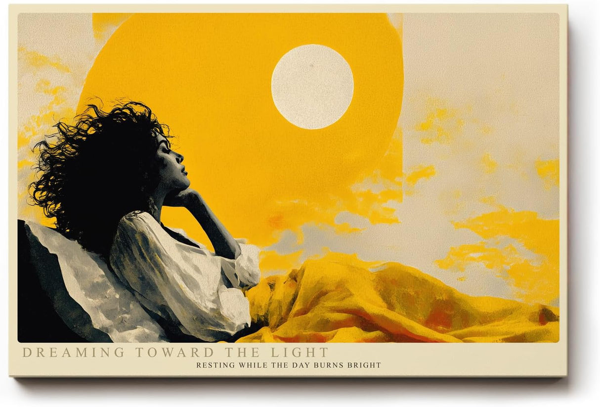 Paul Sinus Wandbild 120x80cm moderne Frauenfigur unter gelber Sonne abstrakte Kunst warmes Gelb stilvolle Illustration moderne Wanddekoration fuer Wohnzimmer Büro