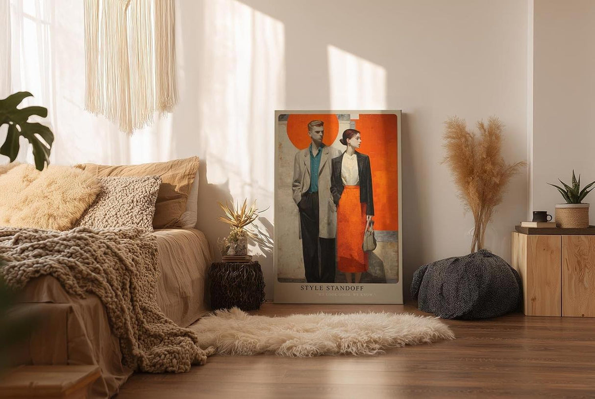 Paul Sinus Wandbild in 40x60cm modernes Modepaar vor farbintensivem Hintergrund – stilvolle, zeitgenössische Darstellung