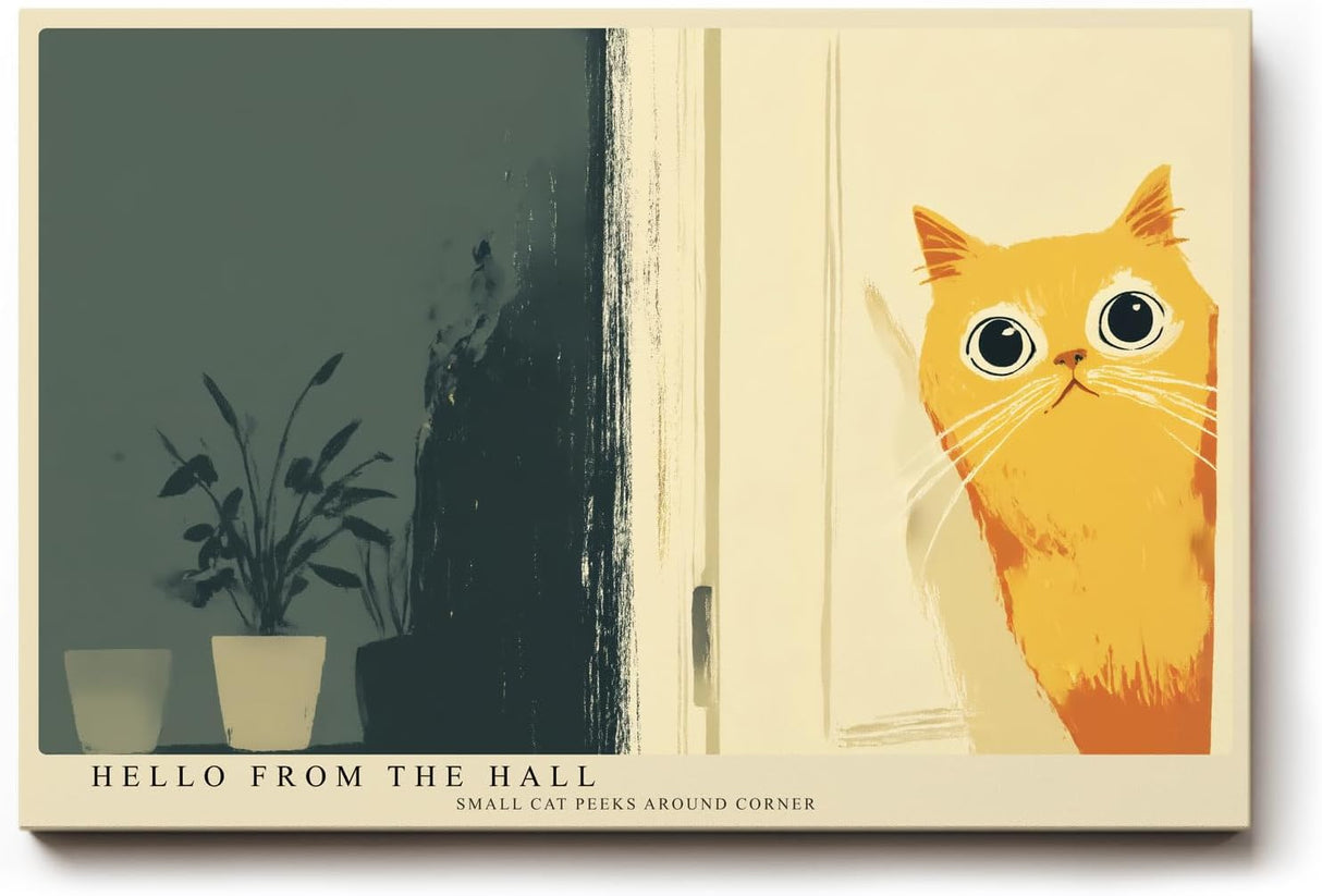 Paul Sinus Wandbild 120x80cm niedliche Katze Illustration minimalistische Tierkunst warmes gelb modernes Poster Bild stilvolle Wanddekoration fuer Wohnzimmer Schlafzimmer Flur Büro