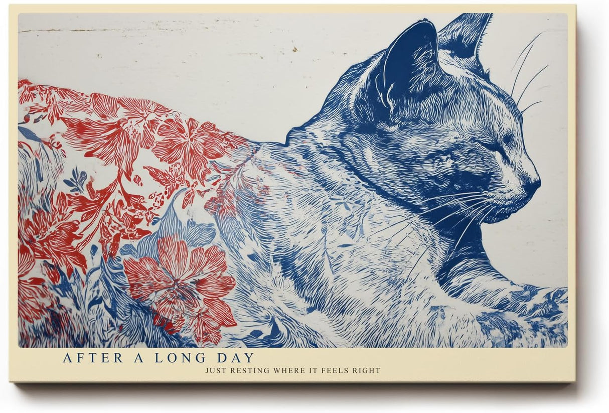 Paul Sinus Wandbild 120x80cm ruhende Katze Illustration blau rot floral moderne Tierkunst stilvolles Kunstbild Wanddekoration fuer Wohnzimmer Büro