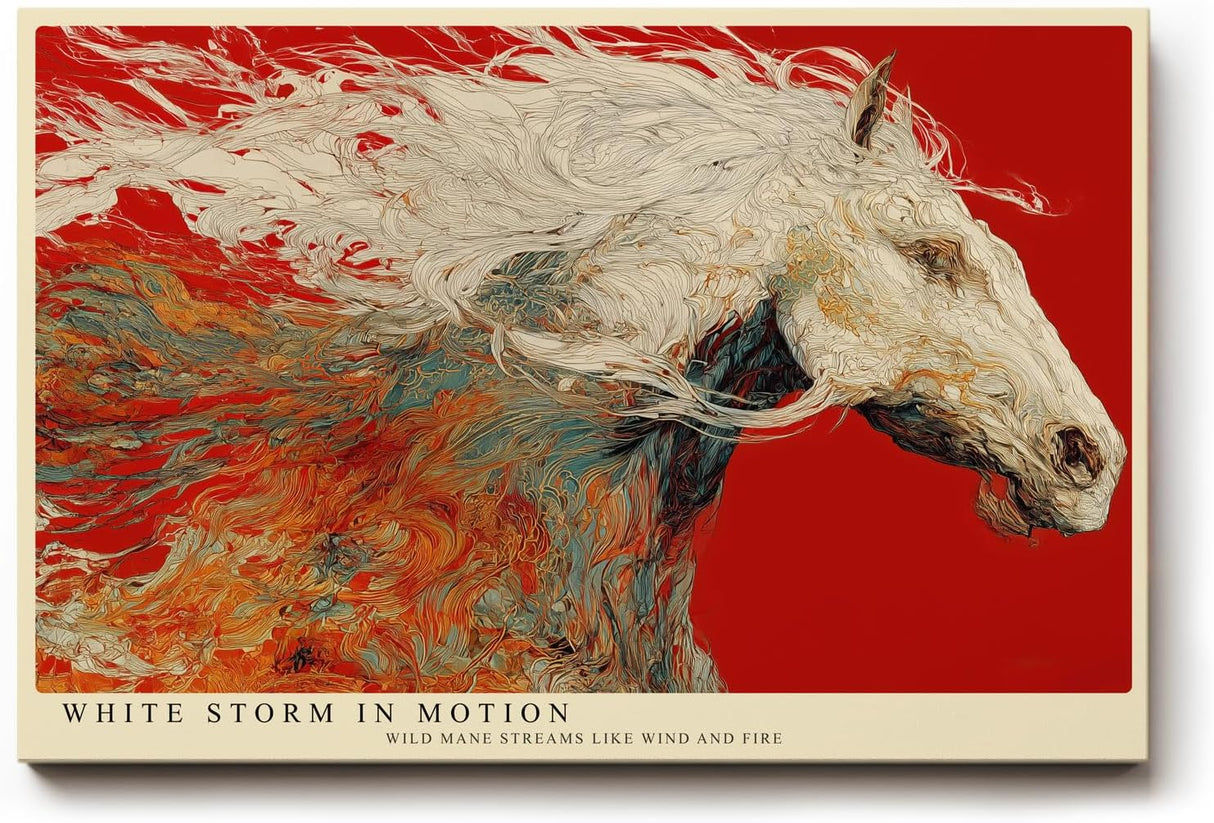 Paul Sinus Wandbild 120x80cm weisses Pferd abstrakte Bewegungskunst rot creme modernes Tiermotiv Kunstdruck grosses Wandbild 120x80cm elegante Wanddekoration fuer Wohnzimmer Büro