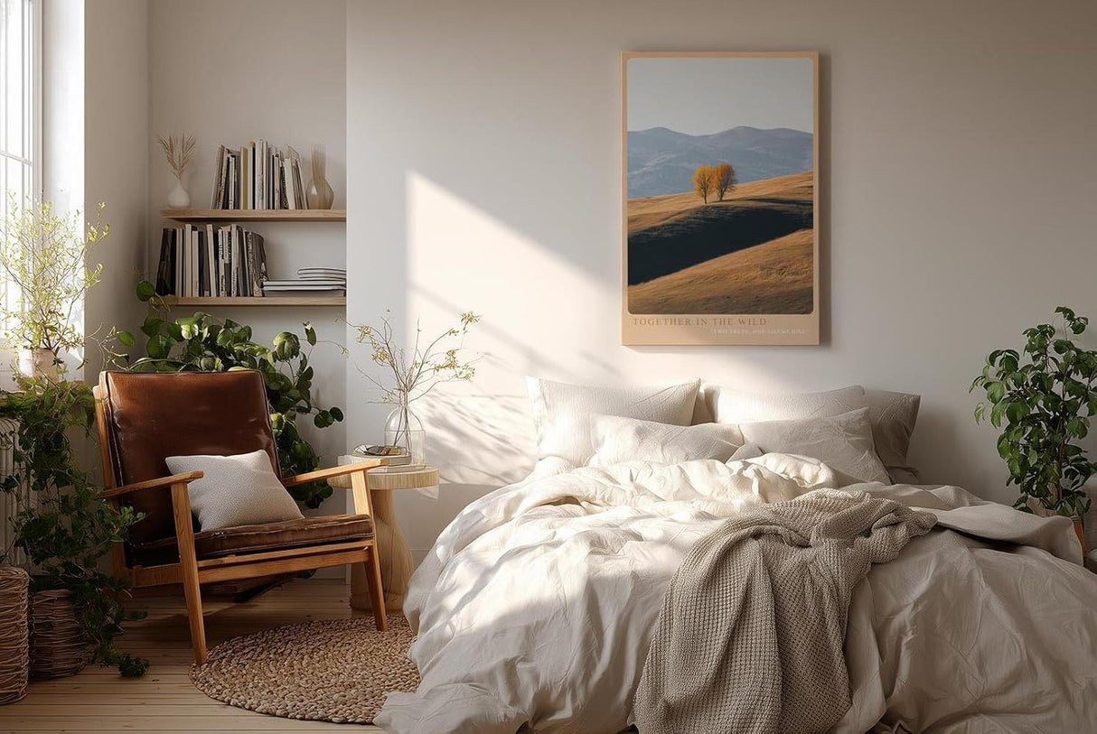 Paul Sinus Wandbild in 40x60cm zwei Bäume in goldener Hügellandschaft – harmonisches Naturmotiv mit sanften Farbtönen