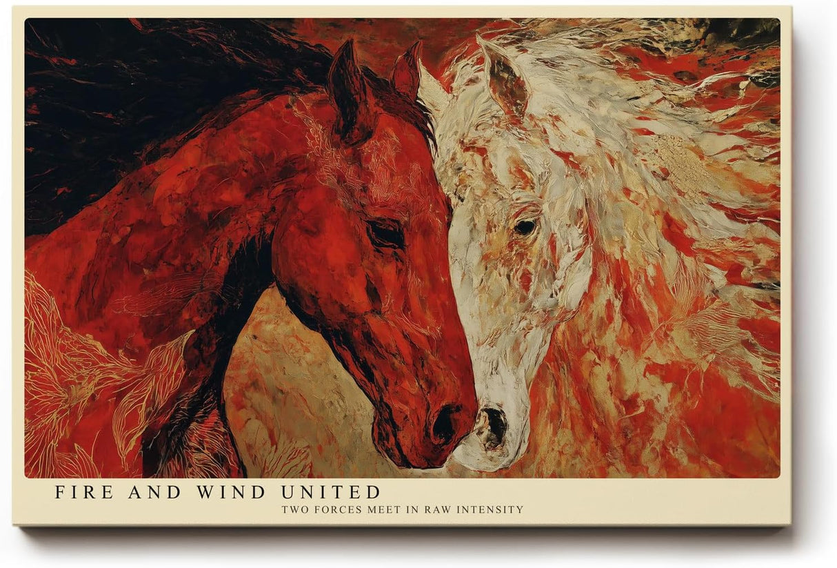 Paul Sinus Wandbild 120x80cm zwei Pferde abstrakte Tierkunst rot weiss moderne Pferdemalerei Kunstdruck grosses Wandbild 120x80cm kraftvolle Wanddekoration fuer Wohnzimmer Büro