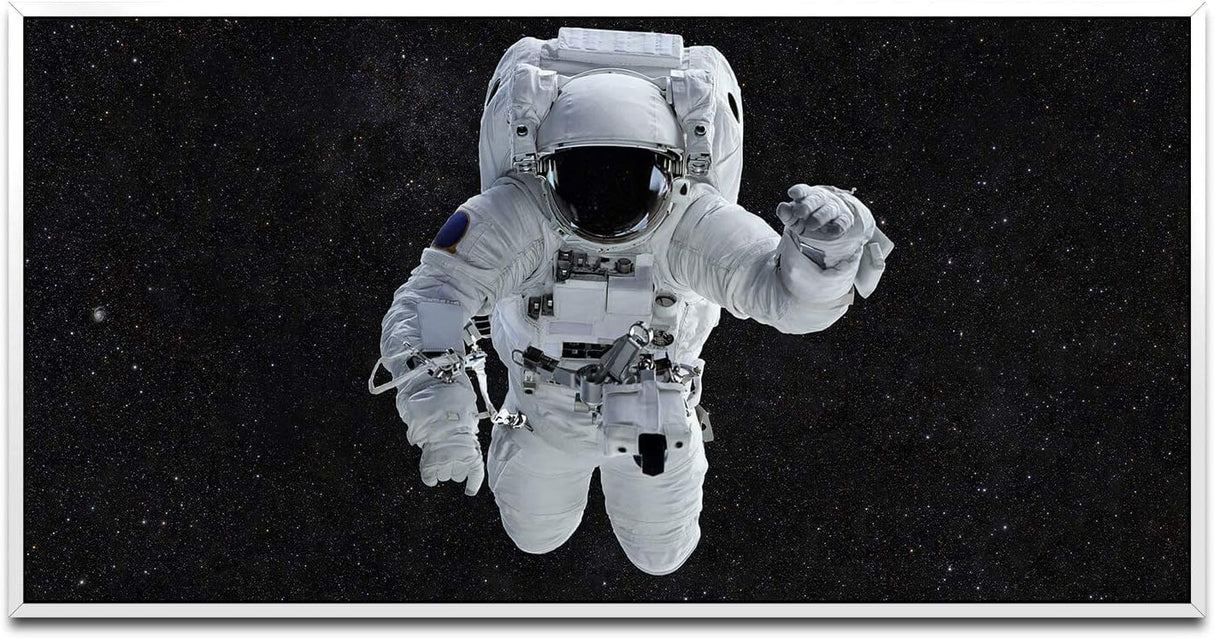 Astronaut im Weltall ca. 130x70cm Wandbild inklusive Schattenfugenrahmen weiss - Panorama Leinwand Bild XXL Format Wandbilder Wohnzimmer Wohnung Deko Kunstdrucke