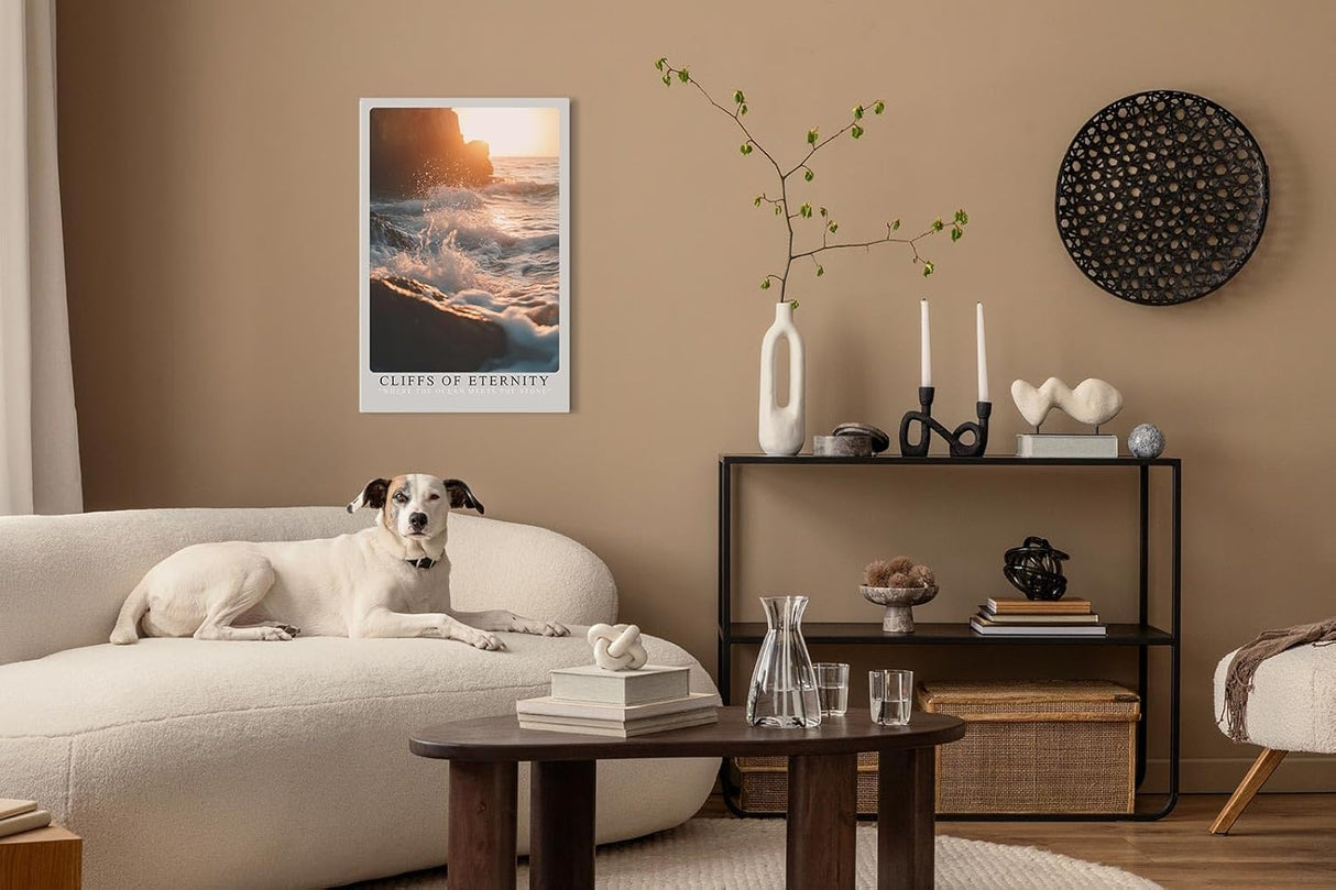 Paul Sinus Leinwandbild 60x90cm Ewige Klippen – Dramatische Meeresbrandung mit goldenen Lichtreflexen und kraftvoller Bewegung