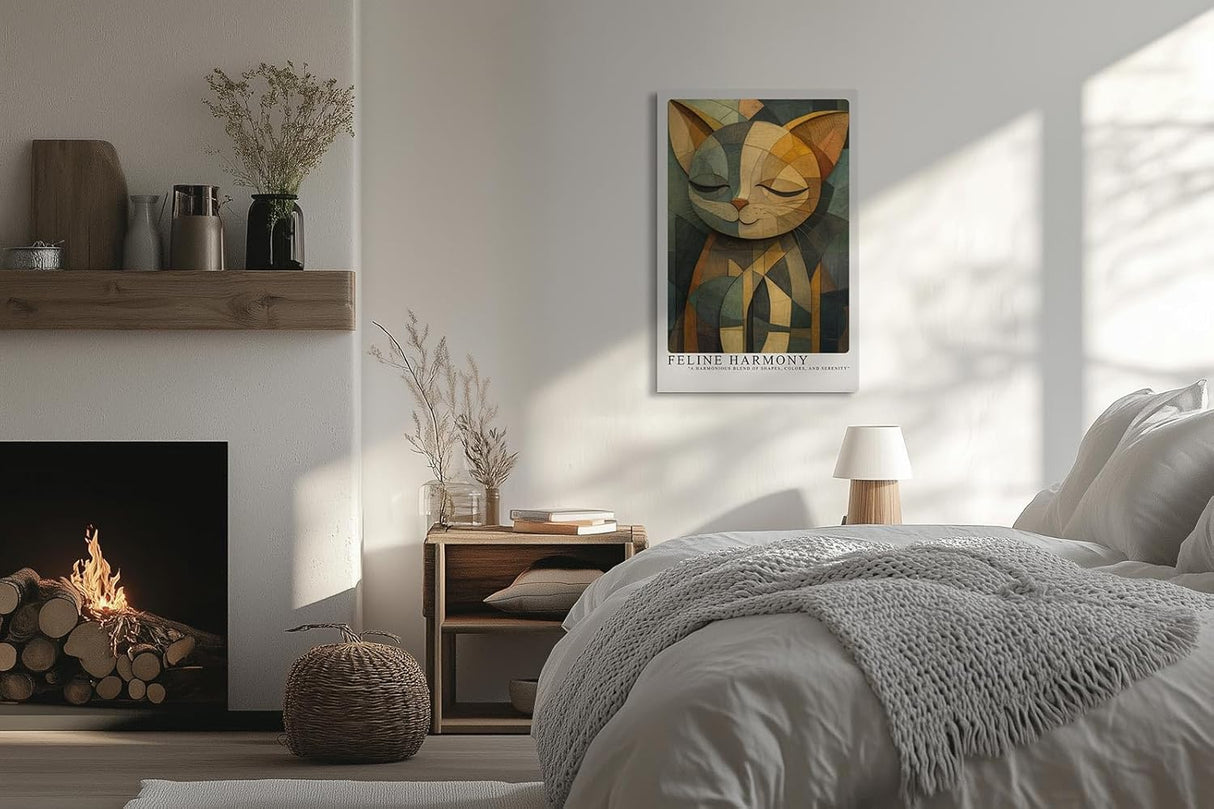 Paul Sinus Leinwandbild 80x120cm Feline Harmony – Stilisiertes Katzenporträt in geometrischer Kunst mit harmonischer Farbkomposition