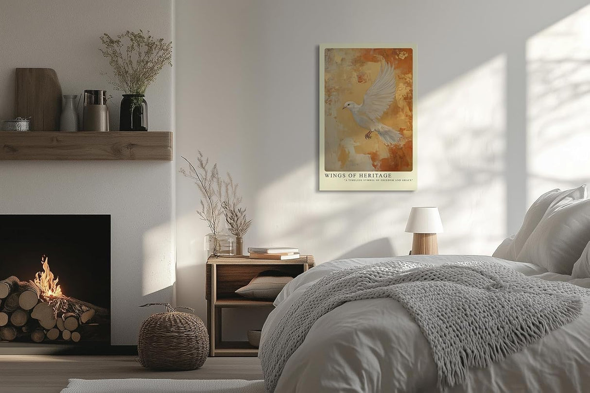 Paul Sinus Leinwandbild 40x60cm Flügel des Erbes – Symbolische weiße Taube im Flug mit goldenem Hintergrund und ausdrucksstarker Eleganz
