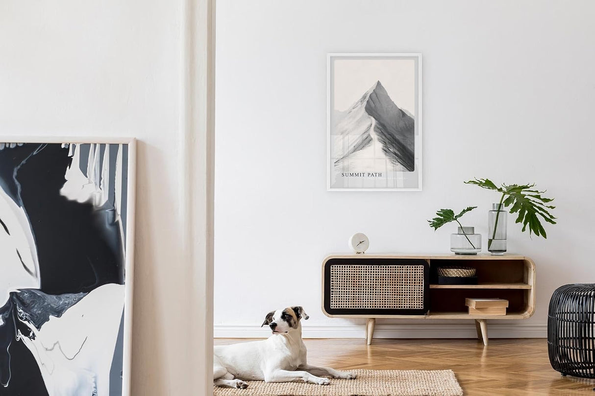 Paul Sinus Leinwandbild 60x90cm Gipfelpfad – Minimalistisches Bergmotiv mit einsamem Weg zur Spitze in monochromer Ästhetik