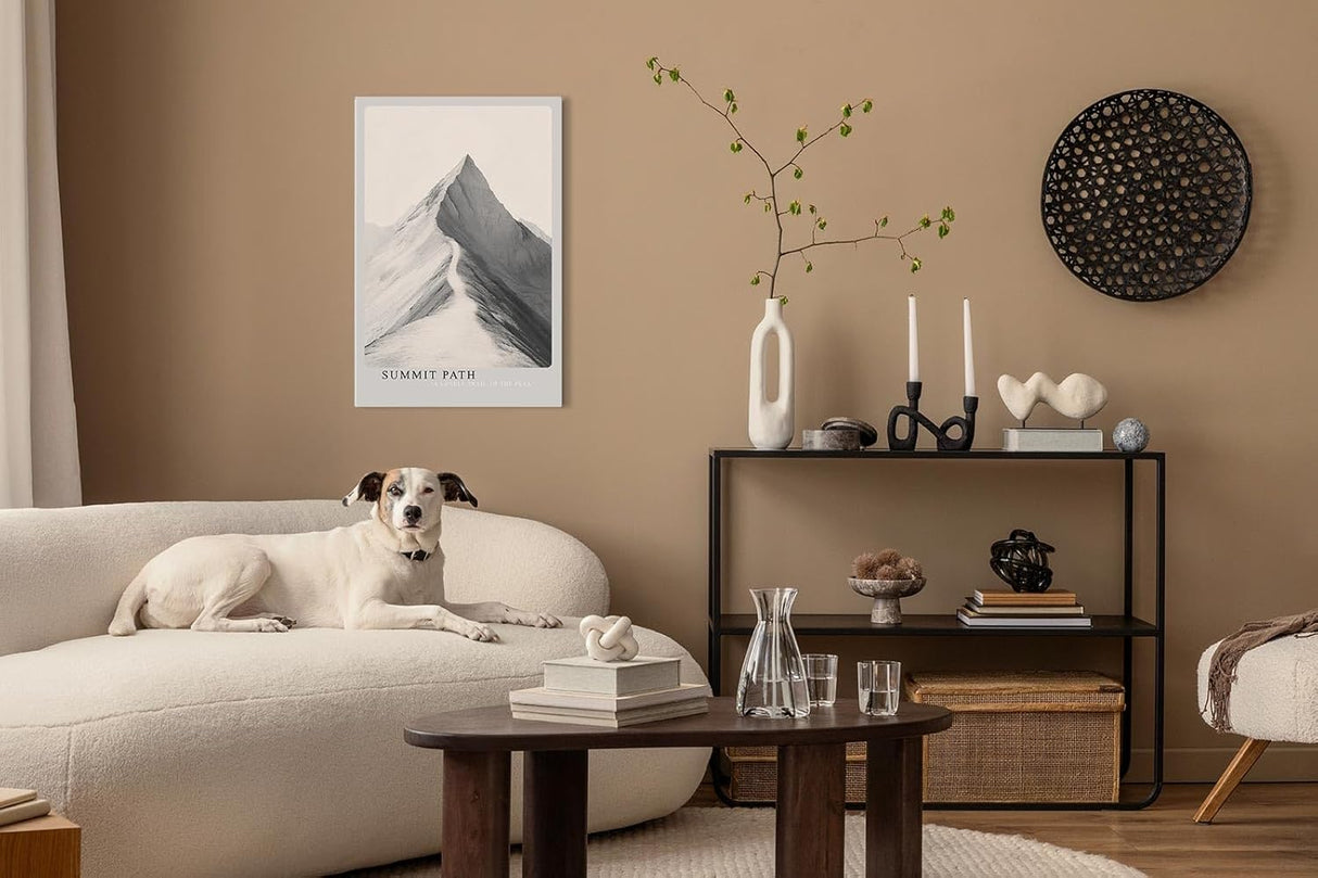 Paul Sinus Leinwandbild 60x90cm Gipfelpfad – Minimalistisches Bergmotiv mit einsamem Weg zur Spitze in monochromer Ästhetik