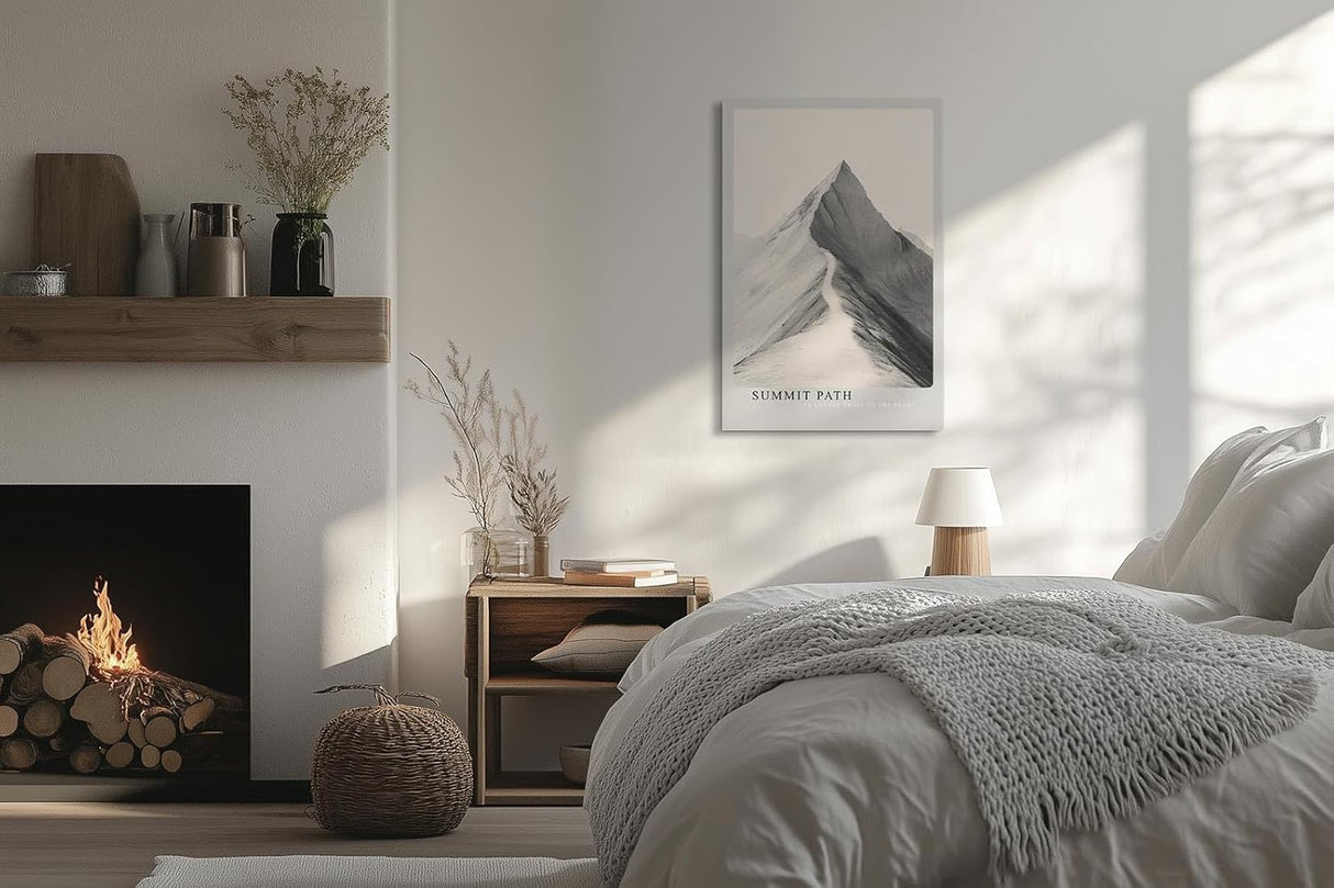 Paul Sinus Leinwandbild 60x90cm Gipfelpfad – Minimalistisches Bergmotiv mit einsamem Weg zur Spitze in monochromer Ästhetik