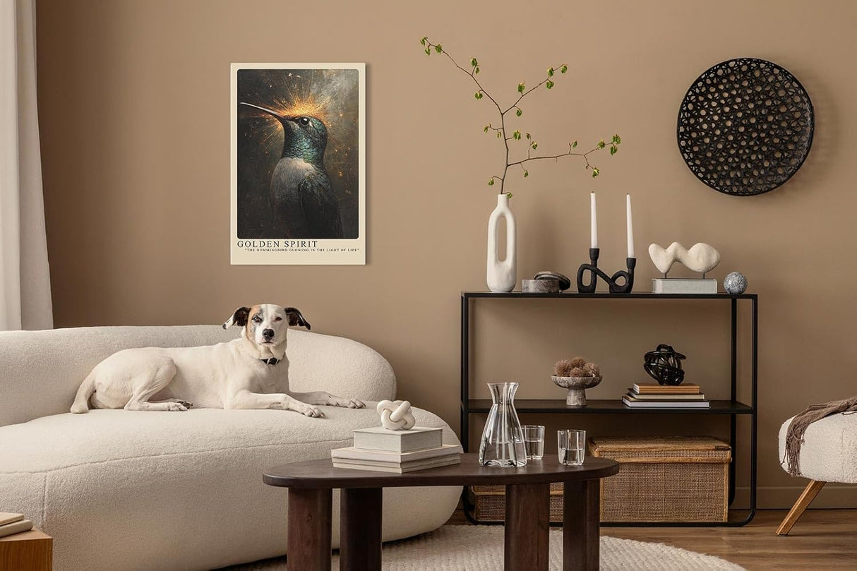 Paul Sinus Leinwandbild 60x90cm Goldener Geist – Majestätischer Kolibri mit schimmerndem Gefieder und leuchtender Aura