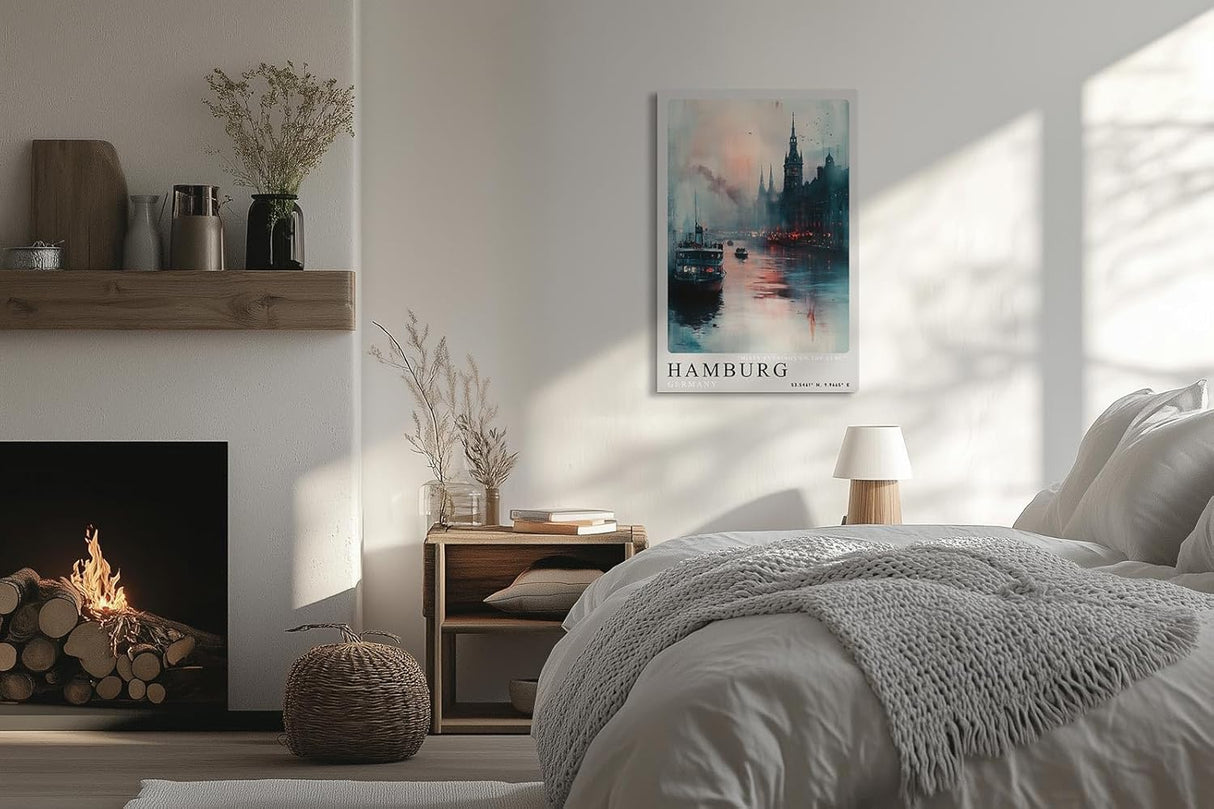 Paul Sinus Leinwandbild 80x120cm Hamburg Misty Evenings – Atmosphärische Hafenszene mit nebligem Elbufer, beleuchteten Gebäuden, Schiffe