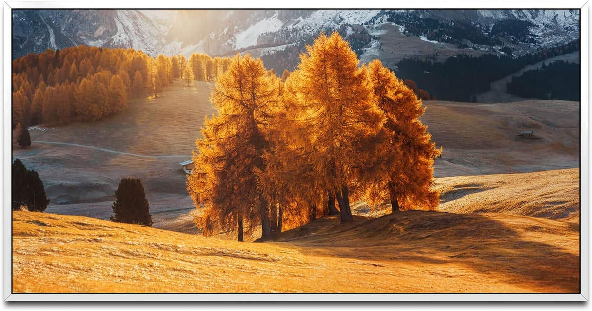 Hütte auf einem Hügel ca. 130x70cm Wandbild inklusive Schattenfugenrahmen weiss - Panorama Leinwand Bild XXL Format Wandbilder Wohnzimmer Wohnung Deko Kunstdrucke